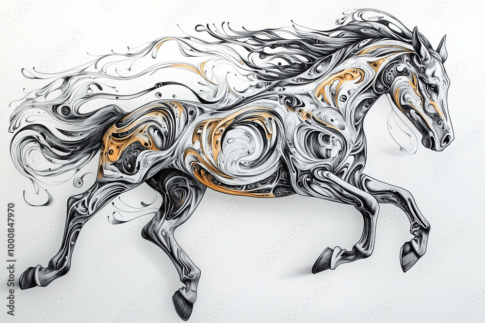 A dynamic black-and-white illustration of a powerful horse in full gallop, kicking up dust behind it A dynamic black-and-white illustration of a powerful horse in full gallop, kicking up dust behind it