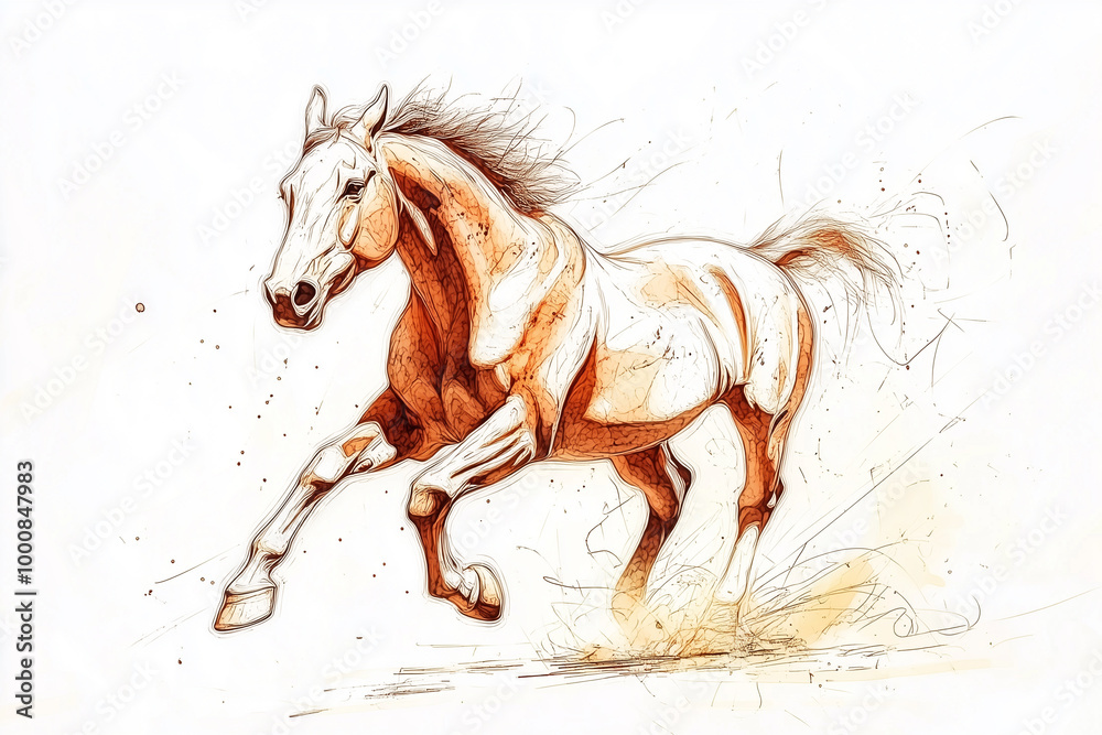 A dynamic black-and-white illustration of a powerful horse in full gallop, kicking up dust behind it A dynamic black-and-white illustration of a powerful horse in full gallop, kicking up dust behind it