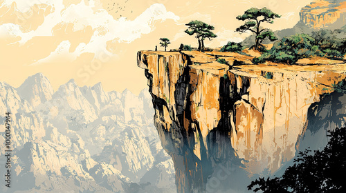 illustration of sunset on calm and peaceful rocky cliff mountain with trees, clouds, and birds flying