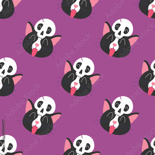 CUTE BLACK CAT WITH A SKULL ON HIS HEAD SEAMLESS PATTERN
