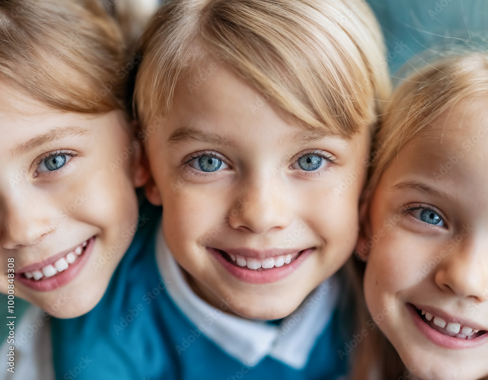 Trois jolies petites filles blondes vu du dessus en portrait serré, souriantes, soeurs Trois jolies petites filles blondes vu du dessus en portrait serré, souriantes, soeurs