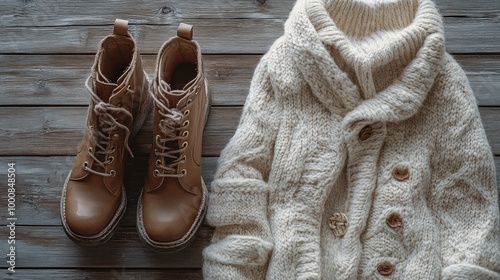 Flat lay of neutral-toned womenas winter fashion, featuring a beige wool coat, knit sweater, and leather boots on a wooden background. photo