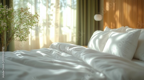 Cozy Bedroom Interior: Serene and Minimalist Design with Pillows on the Bed, Featuring Natural Light for a Tranquil and Comfortable Atmosphere