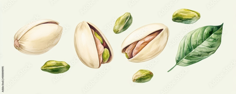 Watercolor illustration of Pistachios nuts isolated on white background,Watercolor hand drawn illustration,Hand drawn nuts,hand drawn set design template for packaging,for menu cafe,copy space. Watercolor illustration of Pistachios nuts isolated on white background,Watercolor hand drawn illustration,Hand drawn nuts,hand drawn set design template for packaging,for menu cafe,copy space.