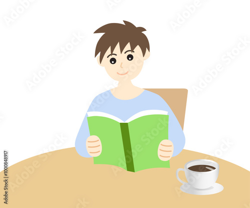 読書とコーヒーを楽しむ男性イラスト素材