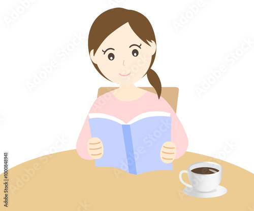 読書とコーヒーを楽しむ女性のイラスト素材