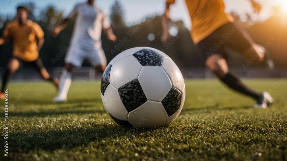 Fototapeta premium Close-up of a soccer ball resting on the grass with players legs in action around it