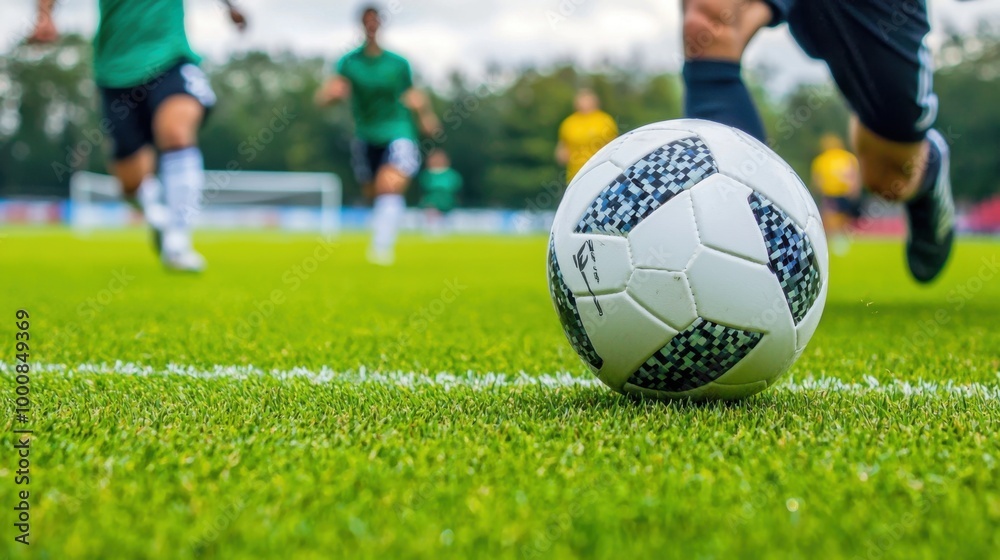 European football player dribbling a ball through defenders during a match on a green field European football player dribbling a ball through defenders during a match on a green field