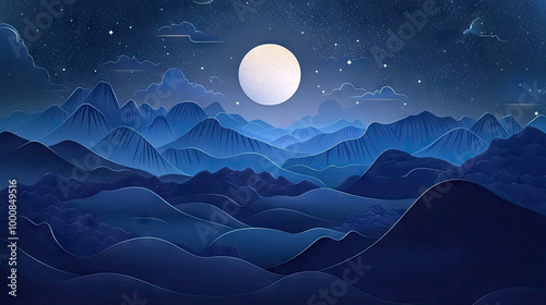 illustration of starry night sky and full moonlight, with layered mountains suitable for childrens book or wallpaper