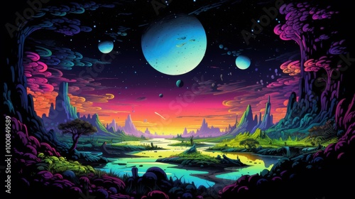 An abstract depiction of a vibrant, colorful, and fantastical alien landscape with a winding river flowing through it, all set against a starry night sky with several planets and a shooting star.