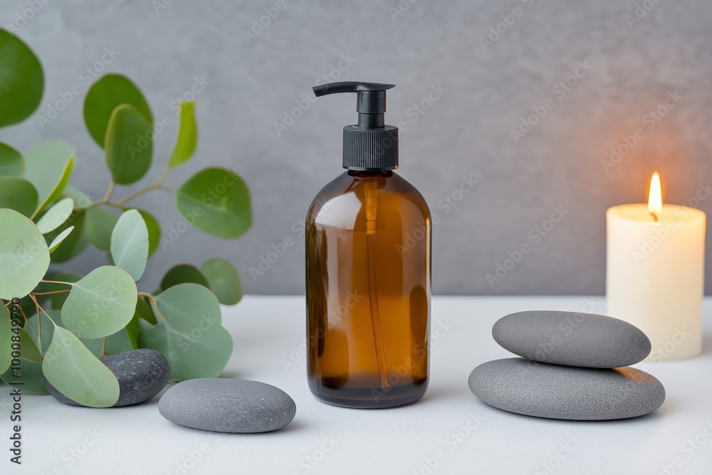 A minimalist spa setup with an amber glass bottle, eucalyptus branches, stacked smooth stones, and a lit candle, creating a serene and calming atmosphere for relaxation A minimalist spa setup with an amber glass bottle, eucalyptus branches, stacked smooth stones, and a lit candle, creating a serene and calming atmosphere for relaxation