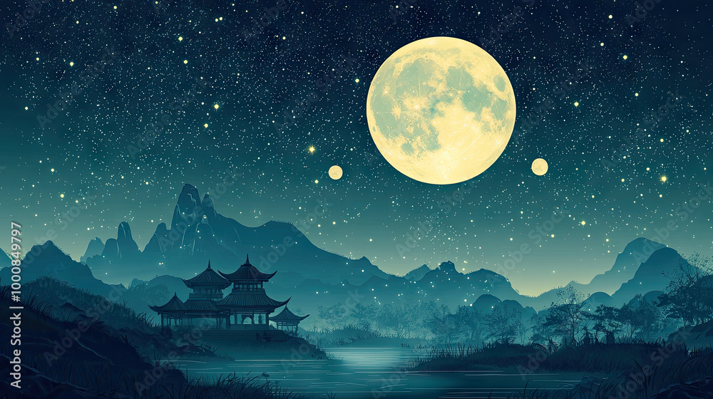 landscape illustration of night sky moon over the mountains and traditional japanese or chinese bulding and forest landscape illustration of night sky moon over the mountains and traditional japanese or chinese bulding and forest