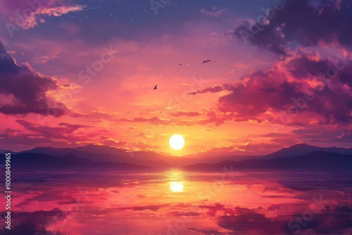 A scenic sunset with a bright sun over a reflective still lake, framed by mountains and pink sky.