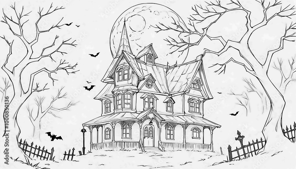 A haunted Halloween house in the forest on winter nights. Out line ar. A haunted Halloween house in the forest on winter nights. Out line ar.