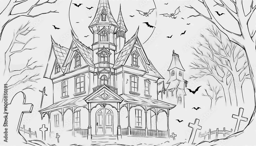 A haunted Halloween house in the forest on winter nights. Out line ar. A haunted Halloween house in the forest on winter nights. Out line ar.