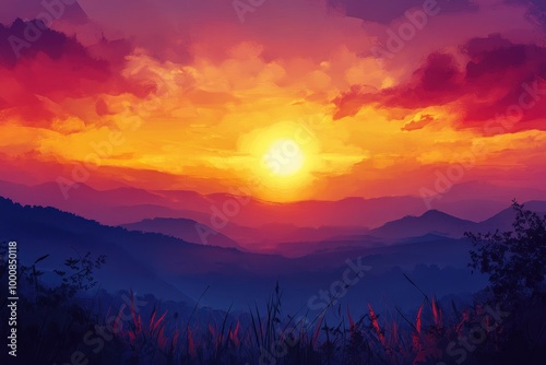 A breathtaking sunset over rolling hills, with a warm glow in the sky and a bright sun.