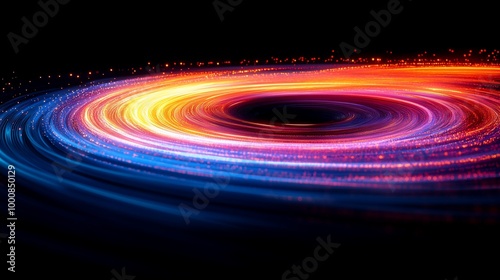 Abstract swirling light trails create a vortex effect in blue, orange, and red colors on a black background.