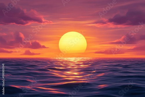 A large sun sets over the ocean with purple clouds.