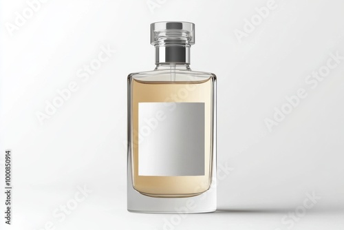 Elegant perfume bottle with blank label on white background