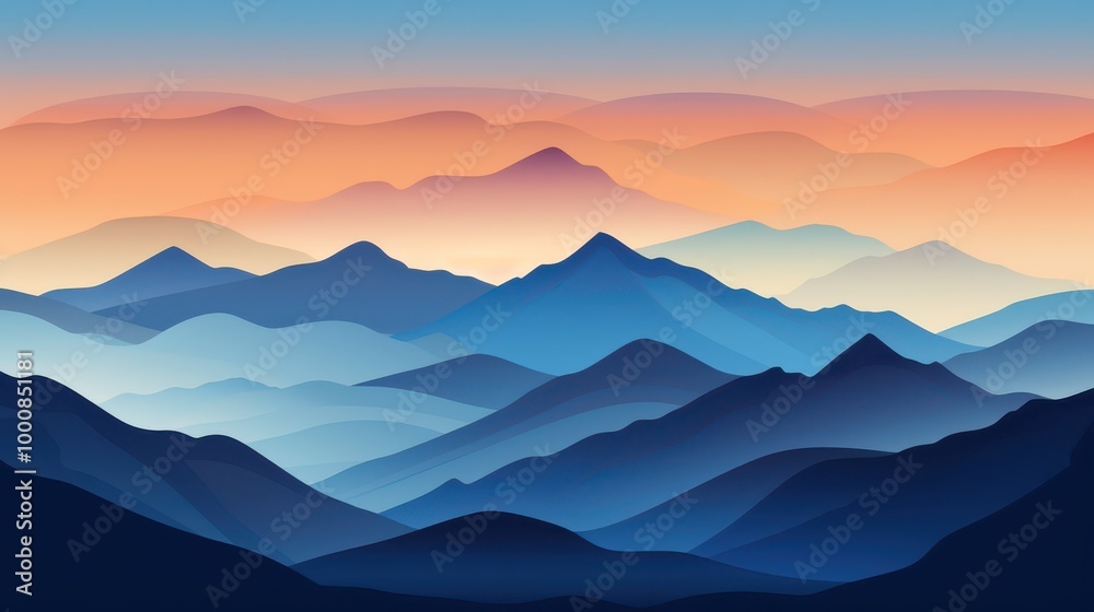 Abstract Mountain Range at Sunset with Gradient Blue Hues Abstract Mountain Range at Sunset with Gradient Blue Hues