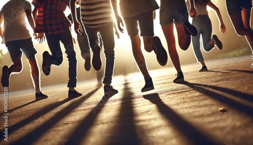 若者たちが走っている足元のシルエット