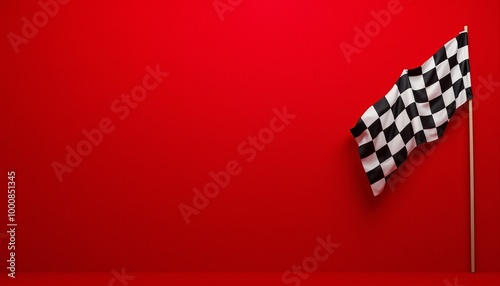 A red background with a black and white checkered flag on a wooden pole