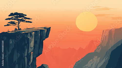 silhouette sunset view of a Lone Tree on the edge of Cliff with Mountain Landscape