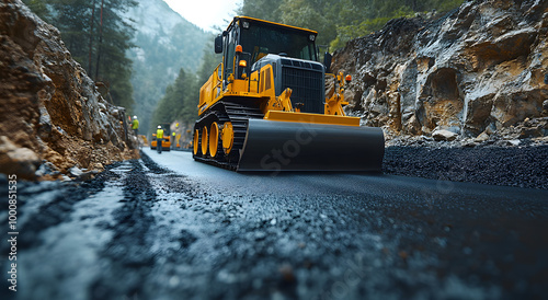 Modern Asphalt Road Construction Site with Workers and Machinery
 photo