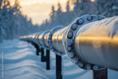 Arctic oil pipeline stretching across snowy landscape. Environmental concerns and challenges of fossil fuel extraction in sensitive ecosystems photo