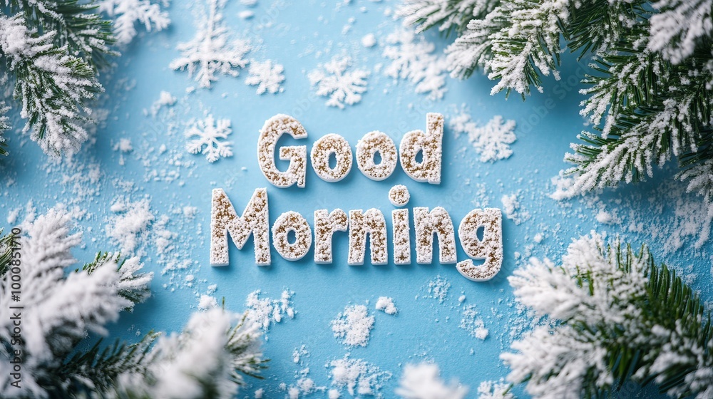 Good Morning text made of snowflakes with frosty pine branches creating wintry greeting scene Good Morning text made of snowflakes with frosty pine branches creating wintry greeting scene