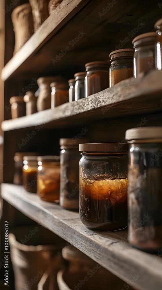 An elegant and well-organized home pantry with shelves filled with jars of homemade jam An elegant and well-organized home pantry with shelves filled with jars of homemade jam