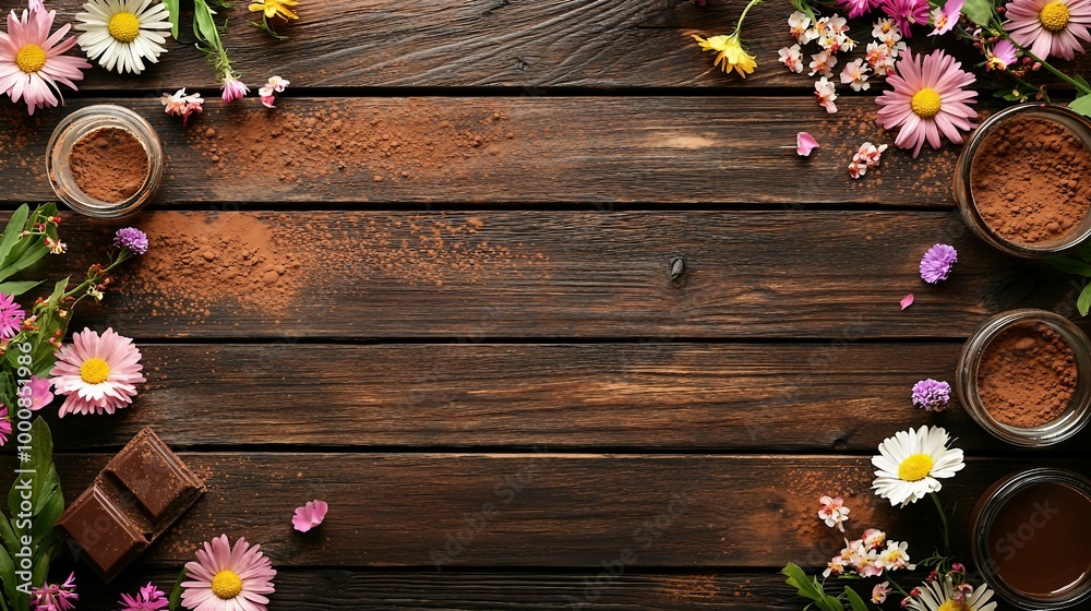 Delightful Chocolate Setup with Flowers on Rustic Wooden Table Delightful Chocolate Setup with Flowers on Rustic Wooden Table