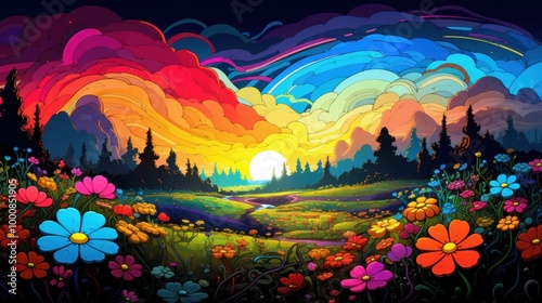 Abstract Landscape with Sun, Trees, and Flowers