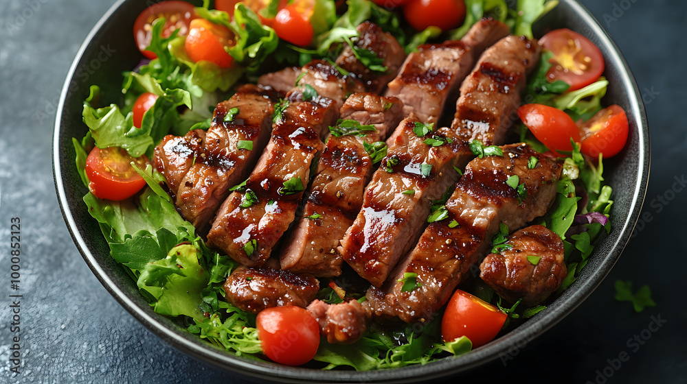White Bowl of Salad with Dark Brown Meat on Top, Including Fresh Vegetables
White Bowl of Salad with Dark Brown Meat on Top, Including Fresh Vegetables