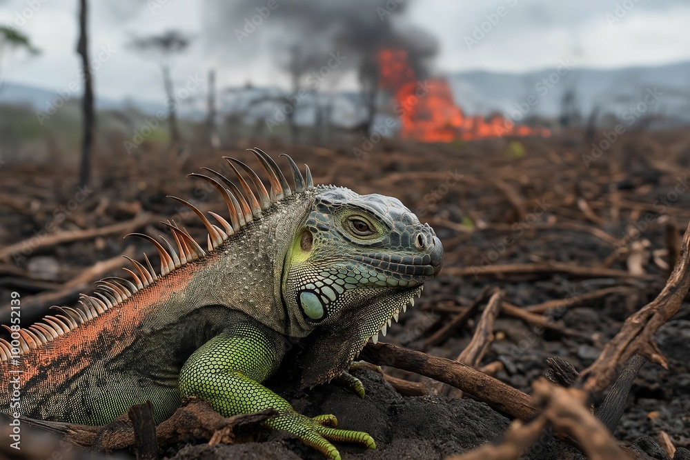 Fototapeta premium Vibrant iguana amid burning forest. Urgent need for wildlife protection and habitat conservation in face of increasing wildfires