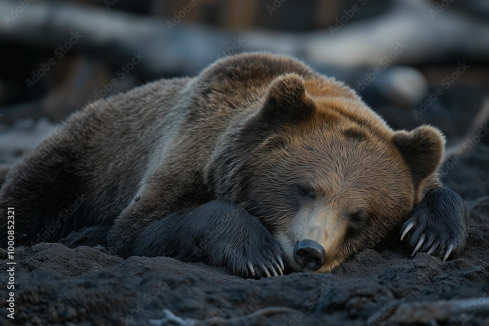 Fototapeta premium Sleeping brown bear. Wildlife conservation and importance of undisturbed habitats for large predators
