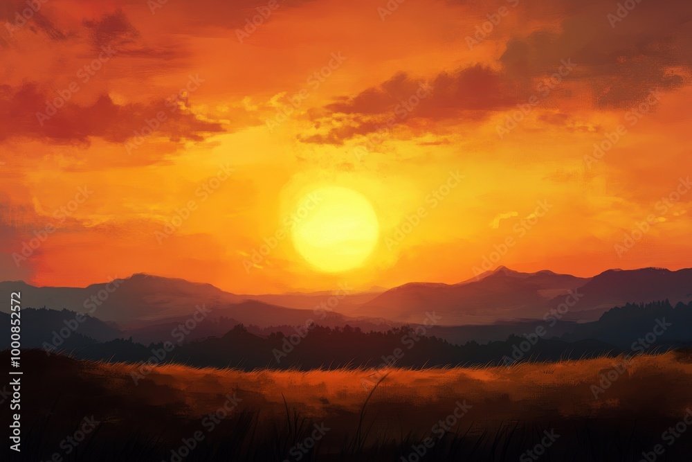 A bright sunset casts a warm glow over a distant mountain range. A bright sunset casts a warm glow over a distant mountain range.