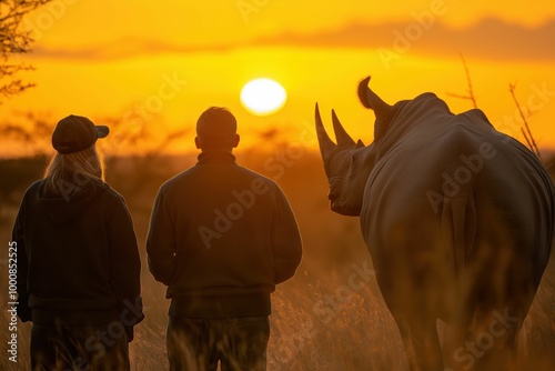 Conservationists and rhino at golden sunset. Wildlife protection and human-animal coexistence photo