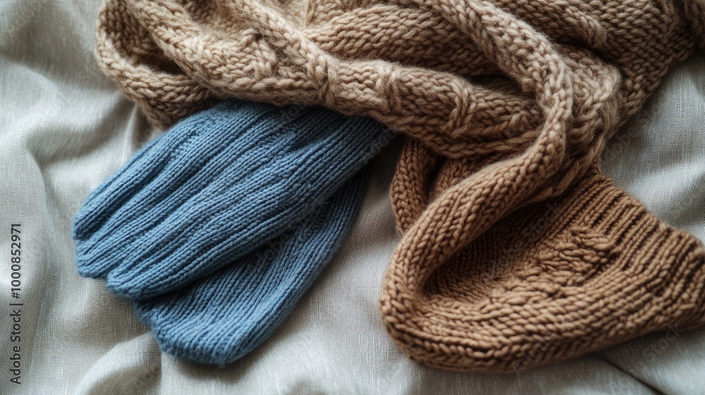 Top view of menas winter fashion: cable-knit sweater, woolen scarf, and gloves placed on a light fabric. No people, no logo. Top view of menas winter fashion: cable-knit sweater, woolen scarf, and gloves placed on a light fabric. No people, no logo.