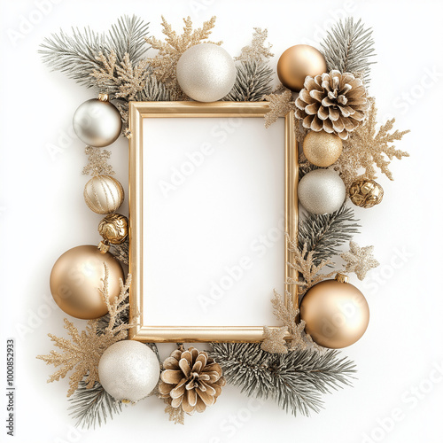 Gold frame mockup with copy space top view and Xmas decoration in gold white colors on white background isolated.