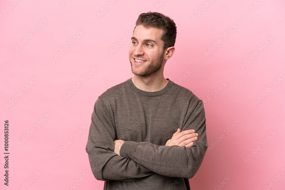 Young caucasian man isolated on pink background happy and smiling Young caucasian man isolated on pink background happy and smiling