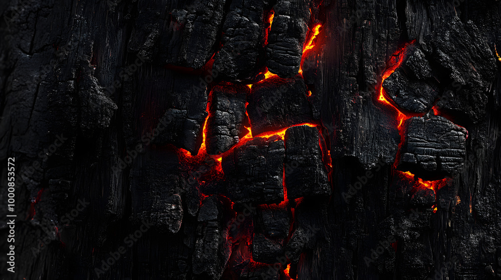Dark black background of burnt wood with red hot embers still burning ...