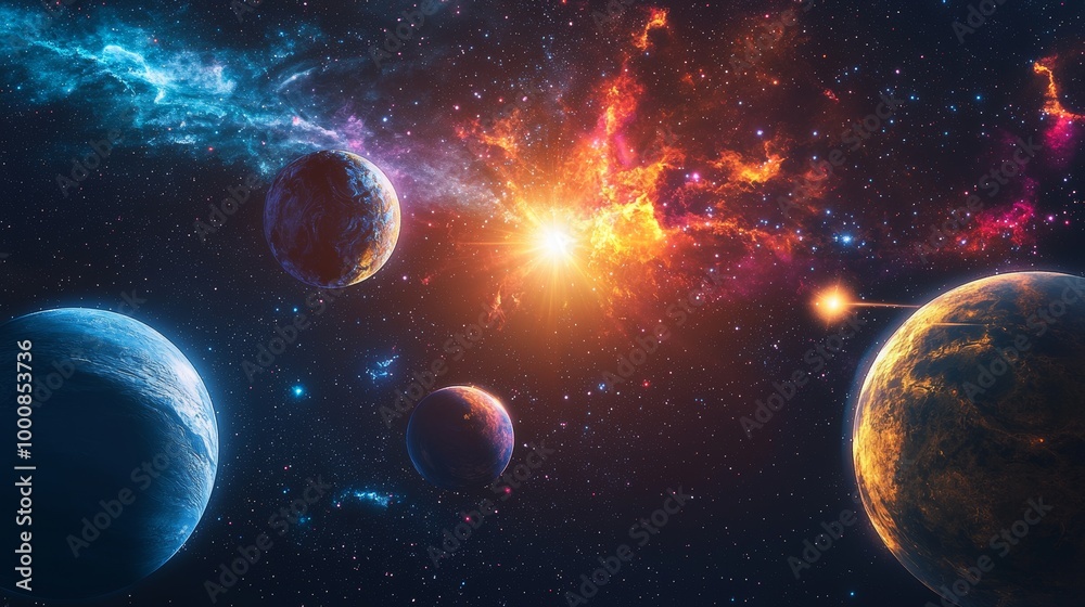 Obraz premium A bright star casts light on orbiting planets, highlighting them against a backdrop of nebulae and twinkling stars.
