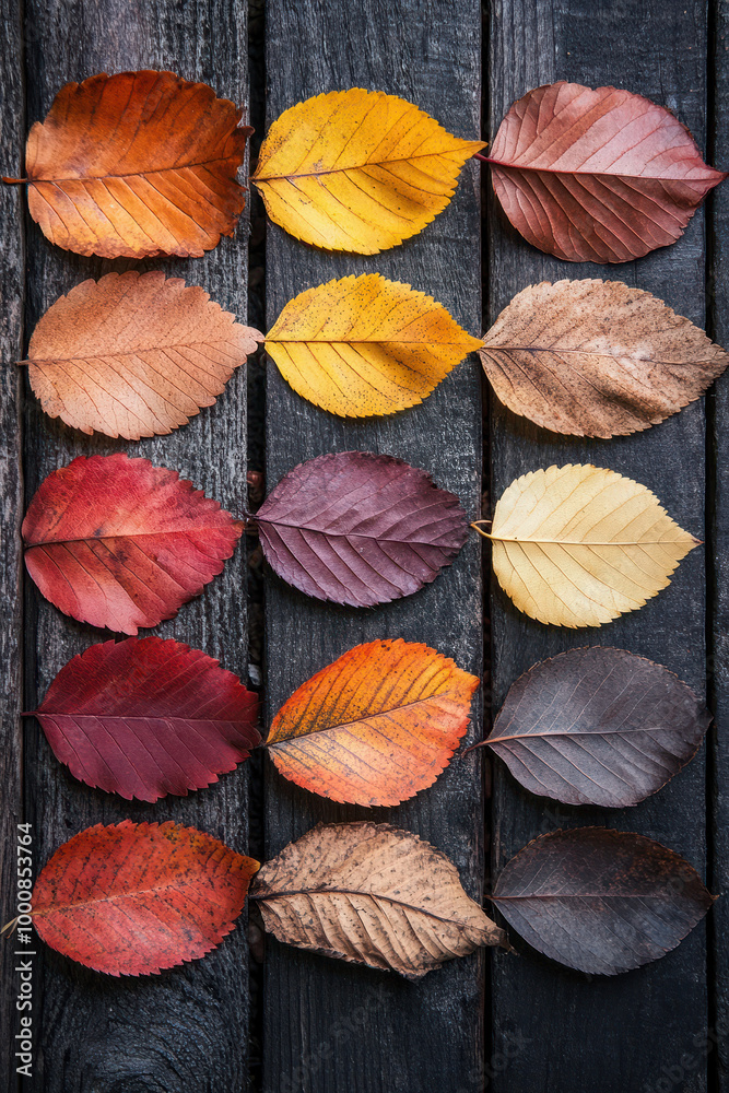 Blätter in verschiedenen Farben auf verwittertem Holz, Leaves in different colours on weathered wood Blätter in verschiedenen Farben auf verwittertem Holz, Leaves in different colours on weathered wood