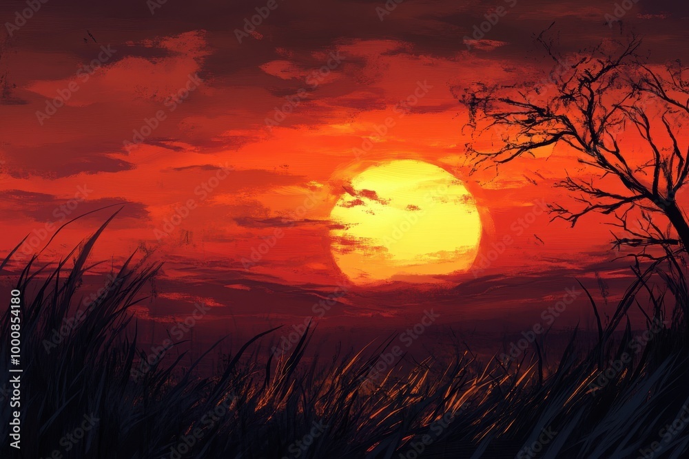 Silhouetted tree and grass against a fiery sunset with a large yellow sun. Silhouetted tree and grass against a fiery sunset with a large yellow sun.