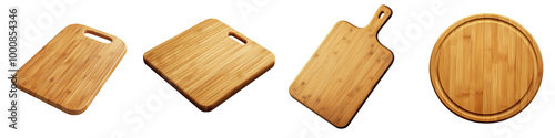 Assorted bamboo cutting boards chopping blocks and kitchen utensils arranged on a rustic natural wooden table or surface Flat lay top view composition with copy space for recipes