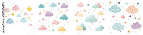 Pastel Clouds and Stars Pattern for Nursery Decor Kids Design Stationery Textile and More  Whimsical Cute and Soothing Celestial Background with Soft Shapes and Colors