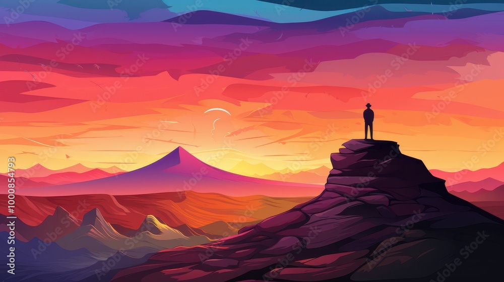 Silhouette of a Man Standing on a Mountain Peak at Sunset Silhouette of a Man Standing on a Mountain Peak at Sunset