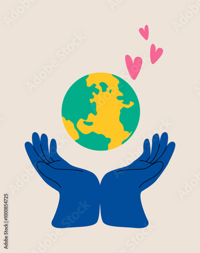 Hand holding earth globe love. Colorful vector illustration