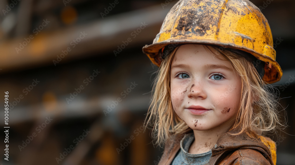 Child with dirty hard hat at construction site Child with dirty hard hat at construction site